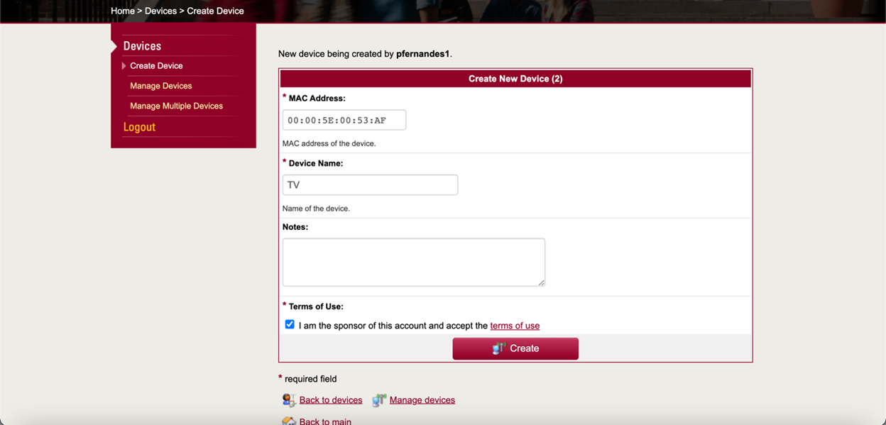 Create Device form